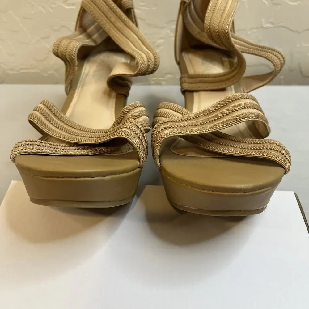 Platform Wedge Sandal Size 9 Tan Strappy Zip Up Back Shoes Sandals Open Toe - Picture 6 of 11